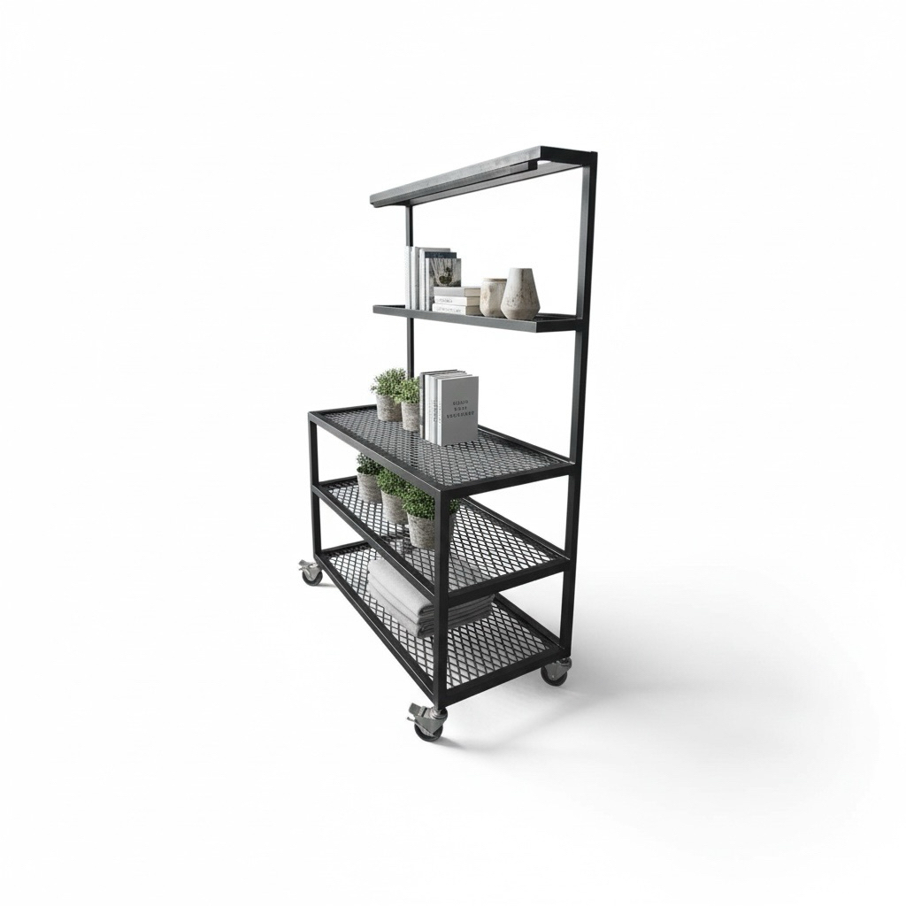 消光黑金屬塊根植物架｜可移動推車式 移動式金屬塊根植物架｜附輪設計 黑鋼滾輪塊根植物架｜多層可推設計