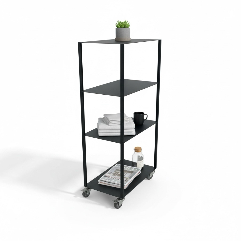 四層鐵層板置物架，結構穩固，設計合理，是家居、辦公室或工作間的理想收納解決方案。
總尺寸： 高111公分 × 寬52公分 × 深32公分，適合小空間使用
四層層板設計： 下層間隔 40cm、30cm、30cm，方便收納不同高度物品