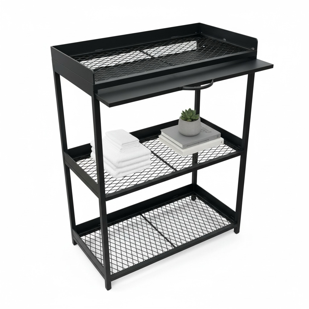 耐用材質：高品質金屬網格，堅固耐用，防滑防變形

大容量設計：三層收納空間，尺寸 60x45x90cm（含輪），輕鬆整理各類物品

可移動堆車：附輪設計，可自由移動，方便調整位置

多用途收納：可放花盆、雜物、廚房用品、浴室用品等

附加水盤：適合花盆使用，防止積水，保持整潔

消光黑工業風：時尚低調，與各種家居風格完美搭配