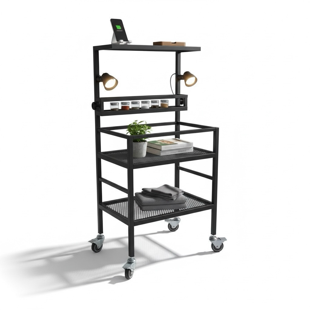 總高150公分，面寬60x30公分，上層護欄高15公分，下層無護欄方便收拿物品。最上層小平台60x15公分可活動上下移動，燈架可微調10公分距離，滿足不同植物和照明需求。整體一體成型設計，耐用穩固，底部配輪子，輕鬆移動，適合室內多功能收納與盆栽展示。