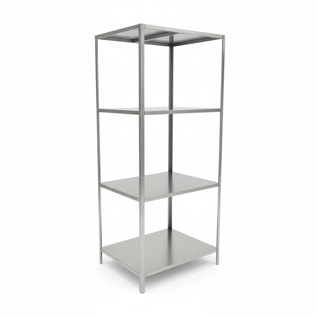 採用一體成型結構設計，堅固耐用、不易變形，適合高強度商用環境使用。材質可直接接觸水源，防鏽、防潮，清洗便利，符合中央廚房、團膳、餐飲後場等衛生需求。

層架尺寸為 65×65cm，總高 180cm，四層收納空間充足，可有效分類擺放食材、器具或備品