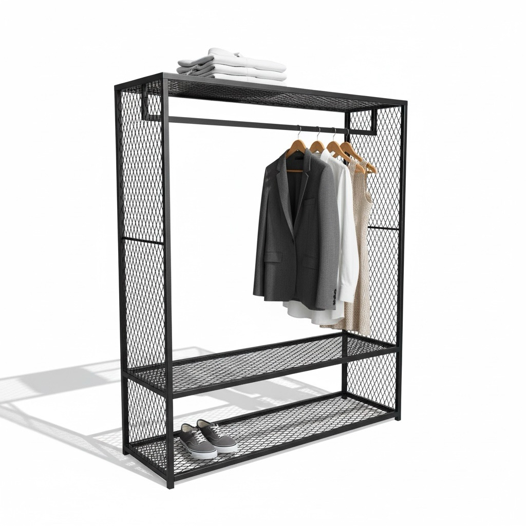 極簡工業風開放式展示衣架，結合掛衣桿與雙層鐵網層架設計，適合服飾店、快閃店、市集及商品拍攝使用。整體比例俐落大方，可同時展示服裝、鞋款與包包，提升商品層次與視覺焦點。鐵件結構穩固耐用，展示與收納兼具。


