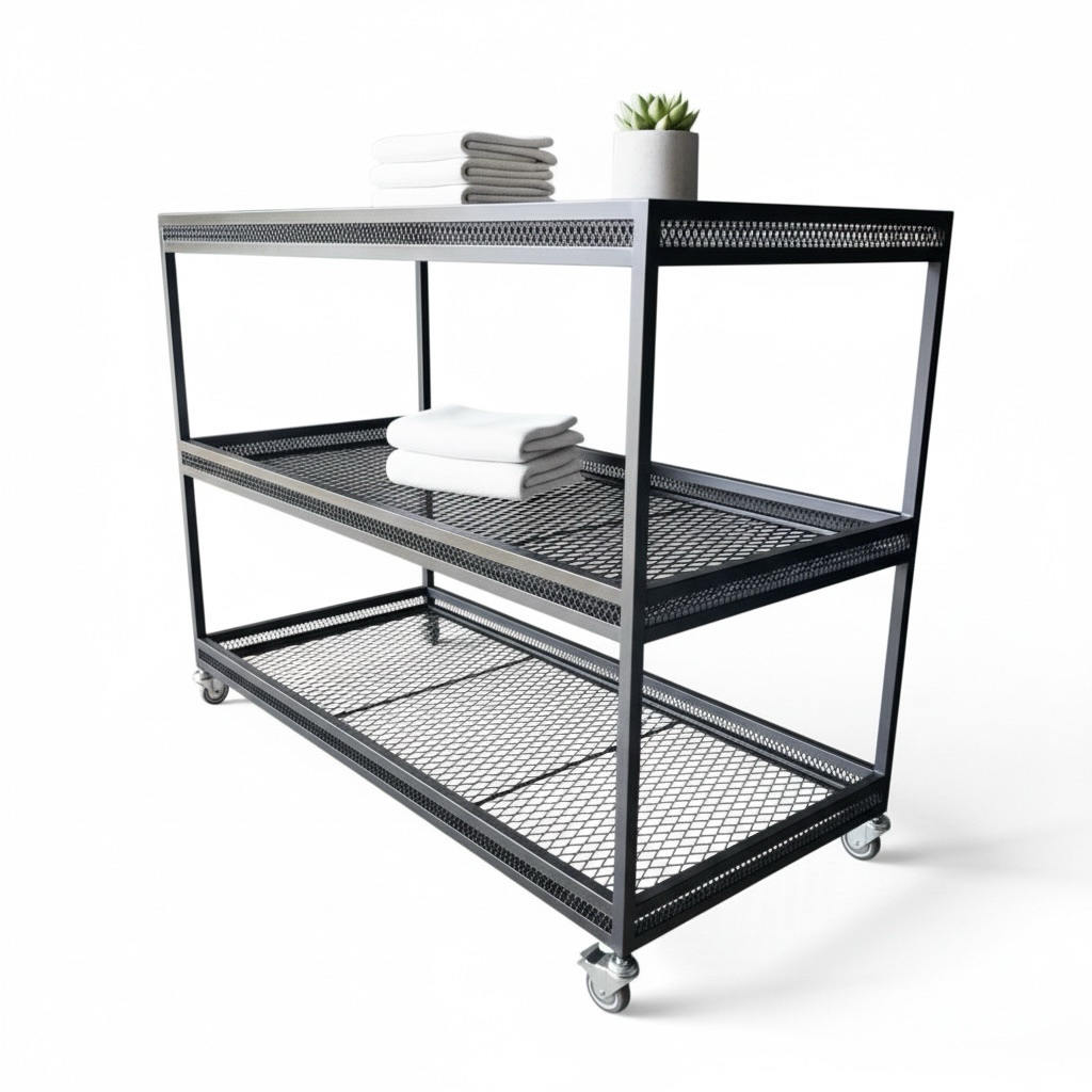 工業風消光黑網格推車架｜多功能收納與盆栽展示

本款推車架採用消光黑金屬網格設計，結構穩固耐用，兼具工業風格與生活實用性。多層網格平台可放置書籍、收納箱、居家用品或盆栽，搭配滑順腳輪，輕鬆移動，無論是居家、辦公或商用展場都非常適合。

產品規格：

