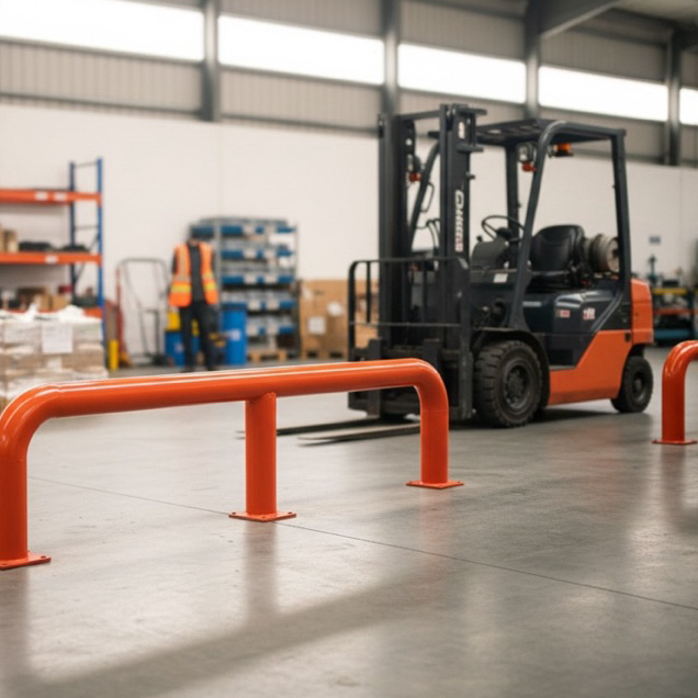 加粗強化型防撞護欄（車擋），專為廠區內大貨車、貨櫃車行走動線與停靠區設計，可有效防止車輛誤撞設備、牆面或人員作業區。
