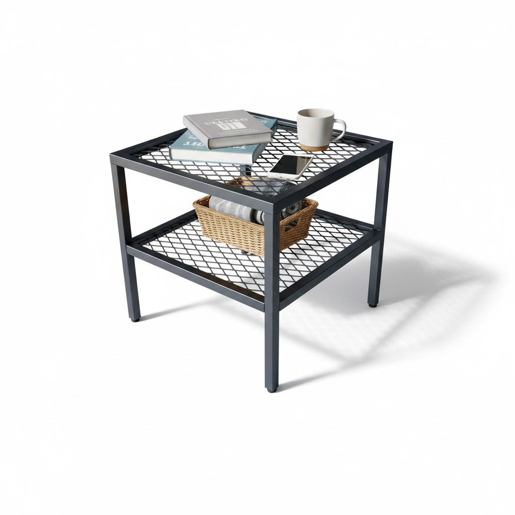 全金屬焊接結構，穩固不晃，適合放置筆電、咖啡、書籍或展示擺飾。

雙層設計增加收納空間，下層網格層板可放書籍、收納籃或常用物品，讓空間更整齊。

商品規格

材質：鐵件（金屬）

顏色：消光霧黑

尺寸（約）：

長 45 cm × 寬 45 cm × 高 50 cm

層數：雙層

結構：一體成型焊接

是否需組裝：否

產地：台灣（自有工廠製作）