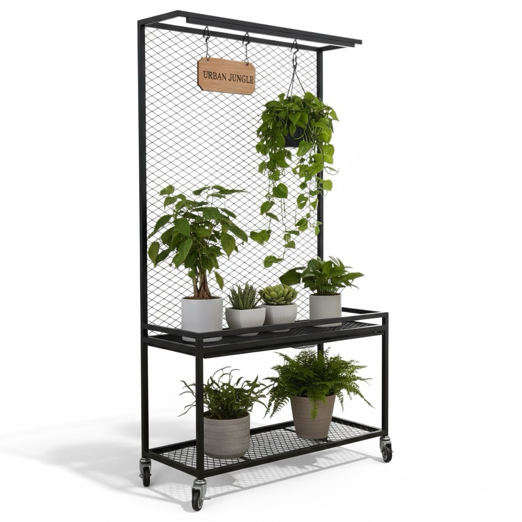 商品特色：



✔ 一體成型花架 → 免組裝最方便



✔ 上層集水盤設計 → 防滴水好清潔



✔ 鐵網背板 → 可吊掛植物/裝飾/工具



✔ 附滑輪 → 移動式花架好推好移



✔ 加厚金屬結構 → 穩固耐重不晃動



商品規格：



尺寸：寬100 × 深45 × 高190 cm（含輪）



材質：鐵製金屬



款式：工業風黑色花架



結構：整體式免安裝