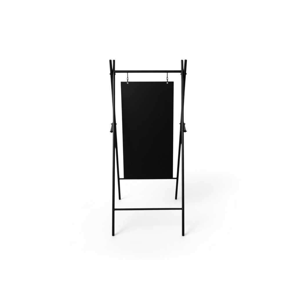 商品尺寸

總高：約130公分

總寬：約55公分

牌面尺寸：約82 × 40 公分

極簡風金屬落地式展示牌架，整體採用穩固金屬結構設計，質感霧黑外觀簡約俐落，適用於門市、展場、餐廳、咖啡廳、活動現場等多種商業空間。吊掛式牌面設計方便更換內容，展示清晰醒目，提升空間質感與專業形象。