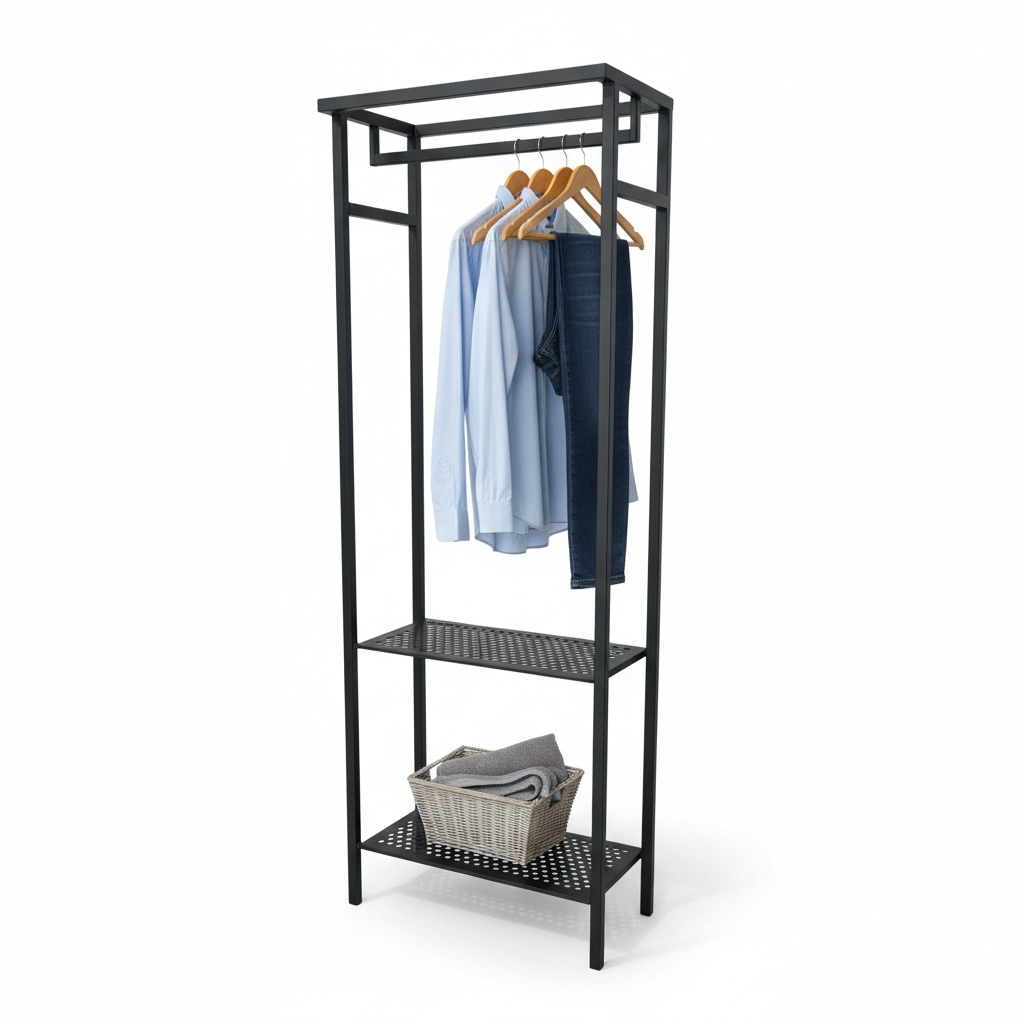 室內掛衣架採用消光黑金屬材質，尺寸為總高180公分，面寬61x32公分，現貨供應，隨時可用。一體成型設計，無需組裝，避免螺絲鬆動，結構穩固耐用。簡約工業風外觀，適合家庭或辦公室使用，既能掛衣物，也可用作收納整理架，輕鬆提升空間收納效率與現代感。