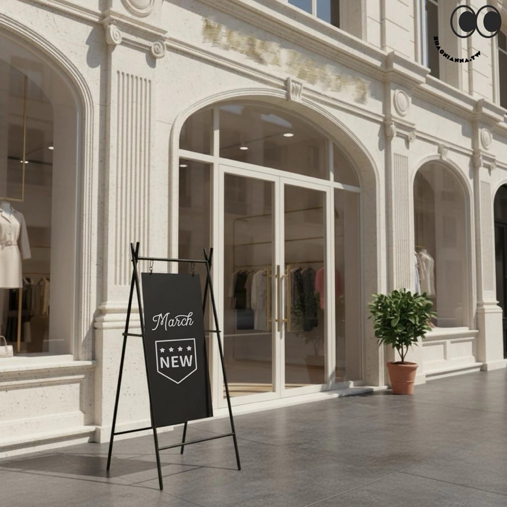 極簡風金屬落地式展示牌架，整體採用穩固金屬結構設計，質感霧黑外觀簡約俐落，適用於門市、展場、餐廳、咖啡廳、活動現場等多種商業空間。吊掛式牌面設計方便更換內容，展示清晰醒目，提升空間質感與專業形象。