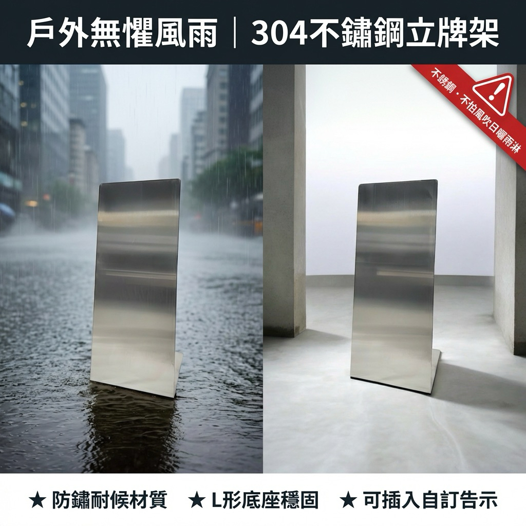 本商品為不鏽鋼立牌架（空架），採用耐候不鏽鋼材質製作，適合戶外長時間放置，不易生鏽、結構穩固。

牌面尺寸為 寬 25 × 高 70 公分，可自行放入告示、指示內容，不包含任何印刷或牌面圖稿，適合店面、社區、公共空間彈性使用