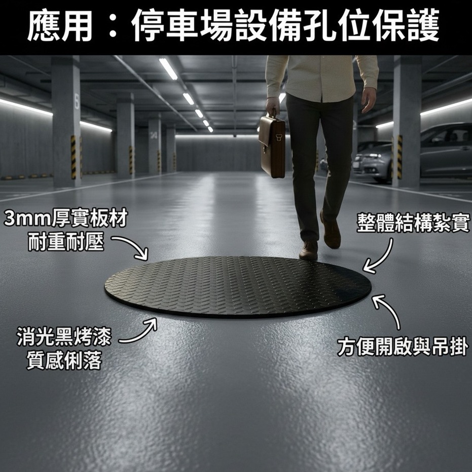 本款圓形防滑蓋採用厚度3mm金屬花紋板製作，整體結構紮實、耐重耐壓，不易變形，適用於各類地面孔洞遮蓋與設備孔位保護。表面採用消光黑烤漆處理，具備良好防鏽、耐候與耐磨效果，外觀質感俐落低調，兼具實用與美觀。