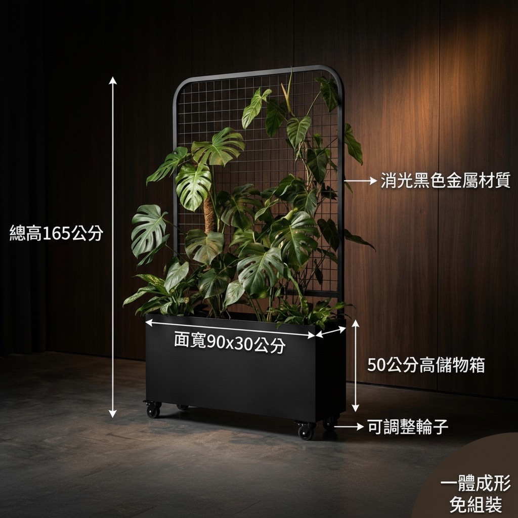 藤蔓架採用消光黑色金屬材質，展現獨特的工業風格，適合現代家居或商業空間。總高165公分，面寬90x30公分，底部設有50公分高的儲物箱，提供額外的收納空間。此架子一體成形設計，無需組裝，輕鬆即用。四個可調整輪子使其可以輕鬆移動，方便清理或調整擺放位置。無論是用來展示藤蔓植物、裝飾品，或作為空間分隔，都是理想選擇，完美提升家居或辦公空間的現代感。
