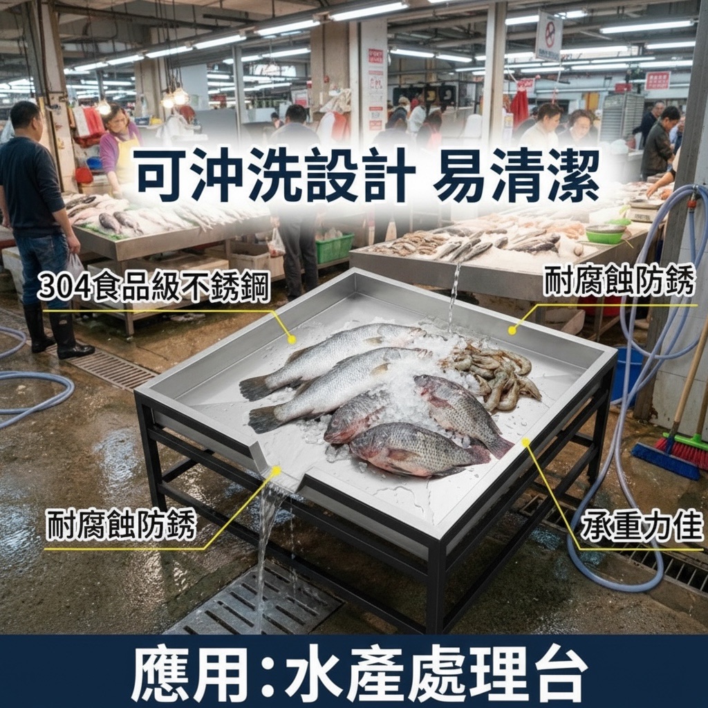 ✔ 304不鏽鋼：耐腐蝕、不易生鏽，使用壽命長
✔ 台灣製造：品質穩定，做工紮實
✔ 特大尺寸：90×90cm，大面積接水不溢漏
✔ 高8公分立邊：有效集水、防止外流
✔ 可客製尺寸：可依需求訂製不同長寬高度
✔ 多用途使用：接水、集水、托盤、裝水盤皆適合