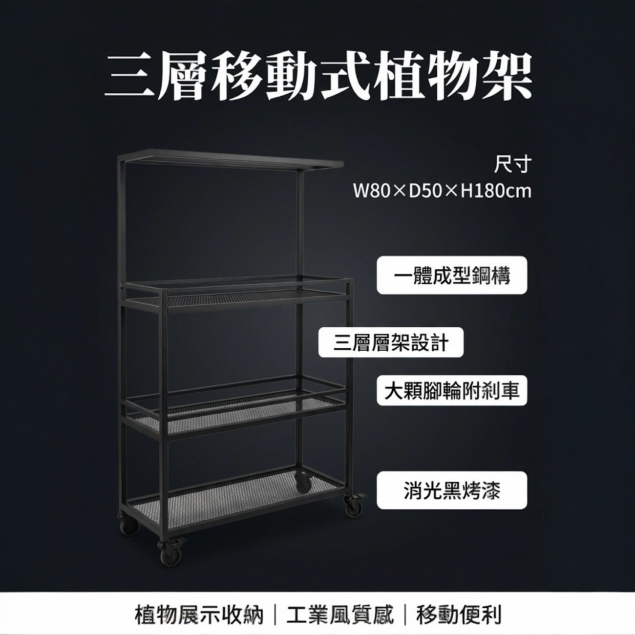 一體成型鋼構植物架 可移動三層置物架 大輪帶剎車 吊燈架設計 室內陽台多肉植物架 植物燈架