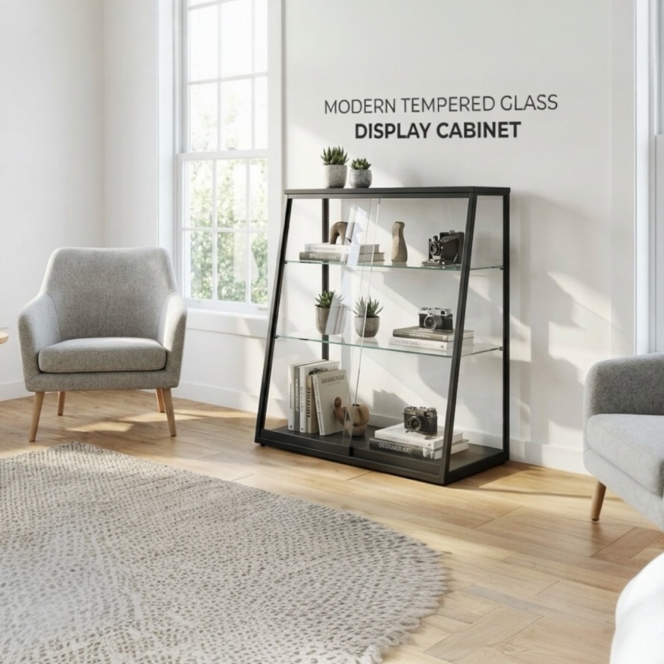 材質：5mm強化玻璃 + 消光霧黑鐵架
尺寸：面寬90cm × 深45cm × 高95cm
用途：收納與展示多功能櫃
特色：耐重、耐用、透明展示、美觀大方
採用強化玻璃，耐衝擊、耐熱，安全性高（破裂呈顆粒狀）。