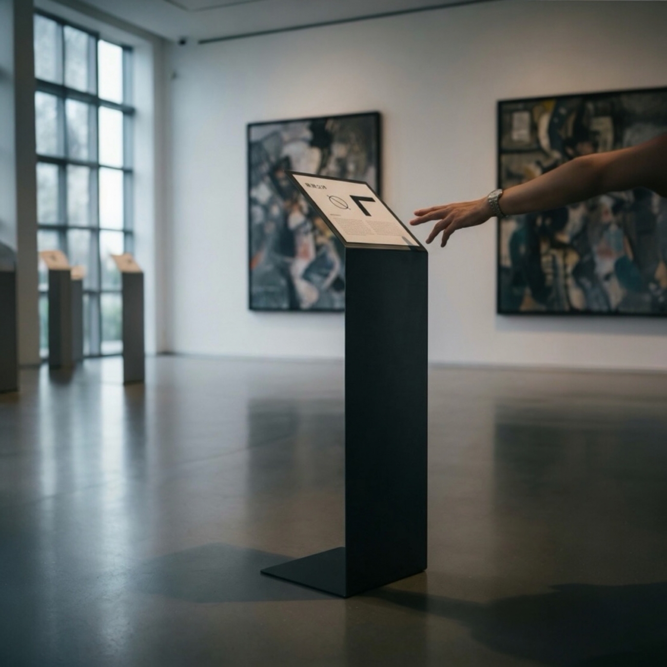 立式展示立牌採用全金屬一體成型設計，線條俐落、結構穩固，適用於展覽空間、門市櫥窗、品牌活動與公共場域⋯等。
使用金屬材質製作，表面呈現低調霧面質感，底座加寬設計，放置穩定，不易傾倒，適合長時間展示使用。