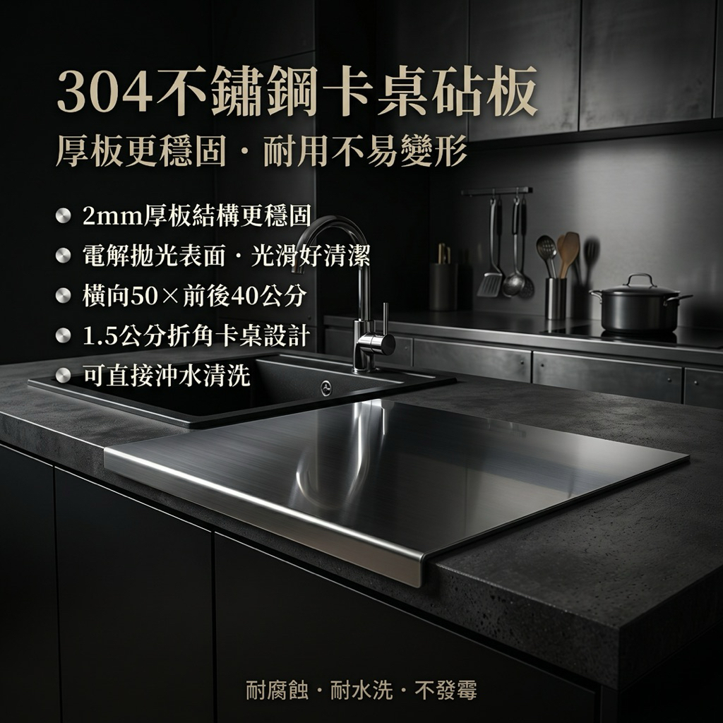薄板容易翹曲、裂開或因長期使用變形，使用壽命短。
2mm 厚板結構更穩固，不易變形，耐用性高，長期使用更安心。
我們的砧板厚度加倍，耐用性提升，長期使用仍能保持平整，不易變形。」
砧板表面經過電解拋光，手感光滑，清潔容易，保持衛生和專業外觀
✔ 304不鏽鋼材質
耐腐蝕、耐水洗、不發霉