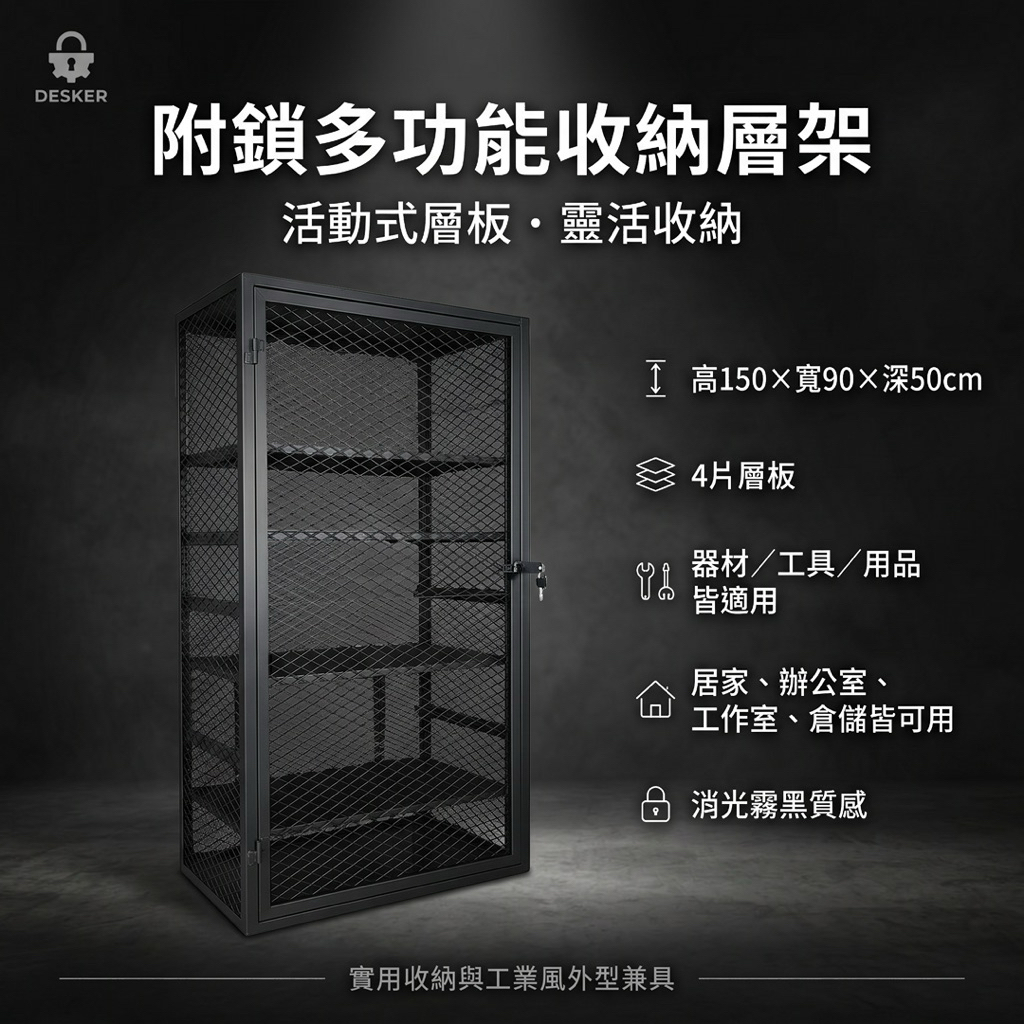 層板高度可依實際需求自由調整，無論是器材、工具或各式用品，都能靈活擺放，讓收納更有效率、更整齊。
適合居家收納、工作室、辦公室、倉儲或商用器材擺放，是一款實用又耐看的多功能收納層架。
尺寸：高 150 × 寬 90 × 深 50（公分）
層板數量：4 片