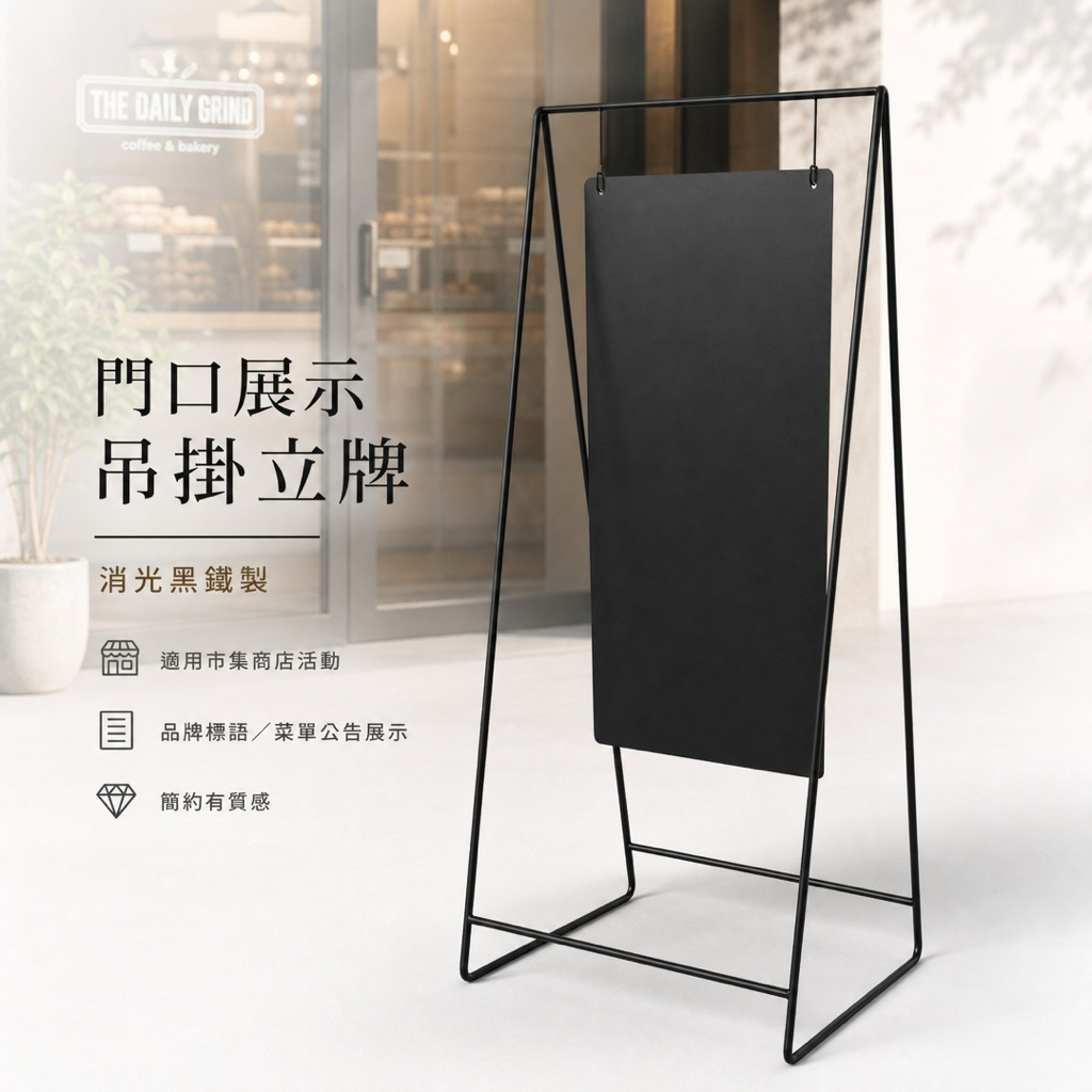 門口展示立式招牌架｜消光黑粉體烤漆｜咖啡店・餐廳・市集適用